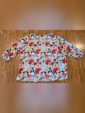 Mario Serrani Floral V-Neck Blouse in Coral & Aqua